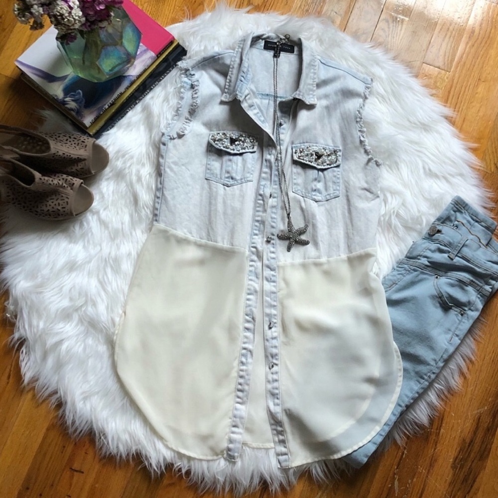 Denim + Chiffon Embellished Vest